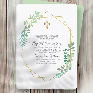 Communion Geometric Foliage Gold Cross Invitation