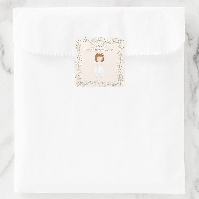 Communion Girl Praying Square Sticker (Bag)