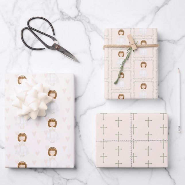 Communion Girl Praying Wrapping Paper Sheets (Front)