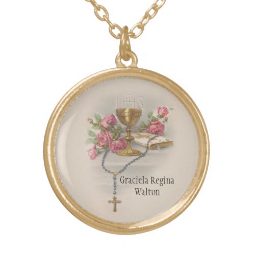 Communion Host Pink Flowers  Chalice Gold Plated Necklace