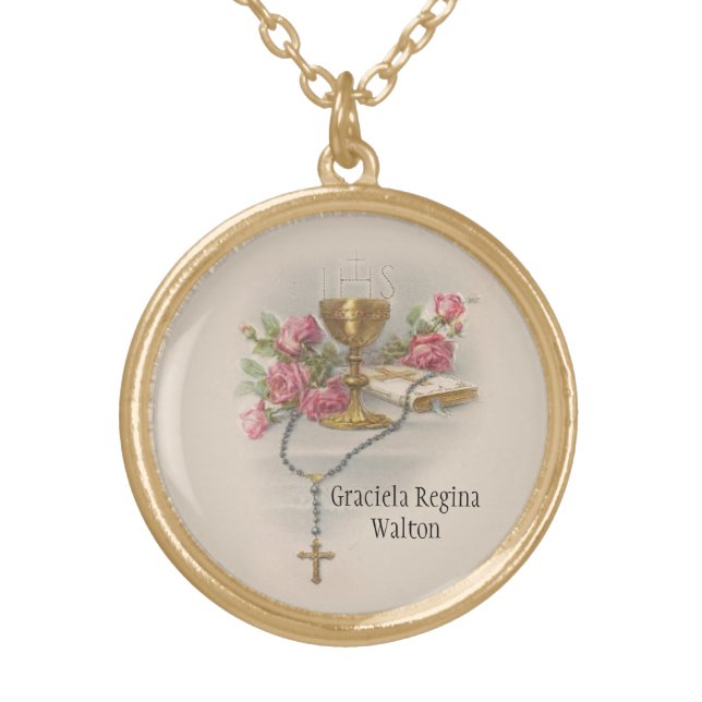 Communion Host Pink Flowers  Chalice Gold Plated Necklace (Front)