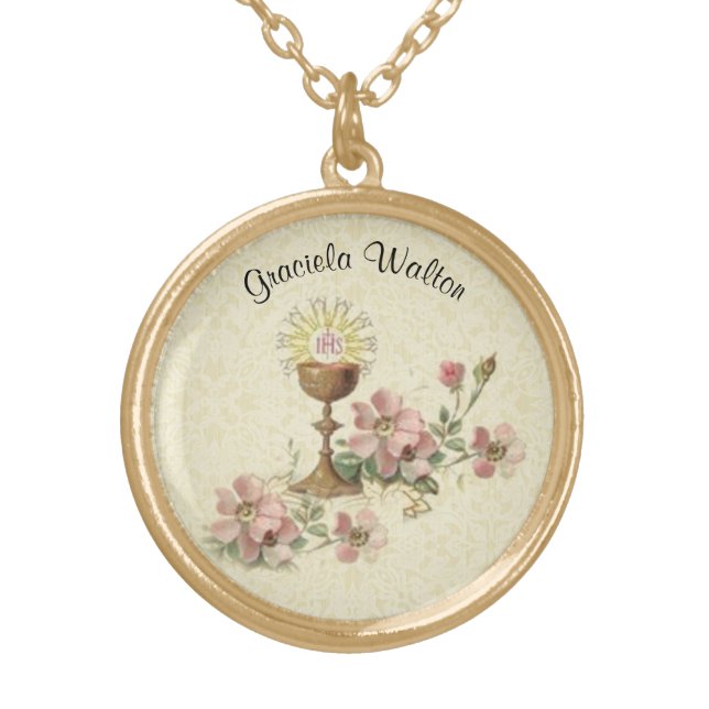 Communion Host Pink Flowers  Chalice Lace Gold Plated Necklace (Front)