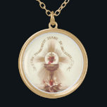 Communion Host Sacred Heart Chalice Cross Gold Plated Necklace<br><div class="desc">This is a beautiful traditional Catholic image of the Sacred Host (Communion) above the chalice with the Sacred Heart of Jesus and the cross above it.  The text translates from the French " We (I)  give everything when we (I)  give".</div>