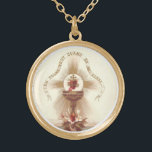 Communion Host Sacred Heart Chalice Cross Gold Plated Necklace<br><div class="desc">This is a beautiful traditional Catholic image of the Sacred Host (Communion) above the chalice with the Sacred Heart of Jesus and the cross above it.  The text translates from the French " We (I)  give everything when we (I)  give".</div>