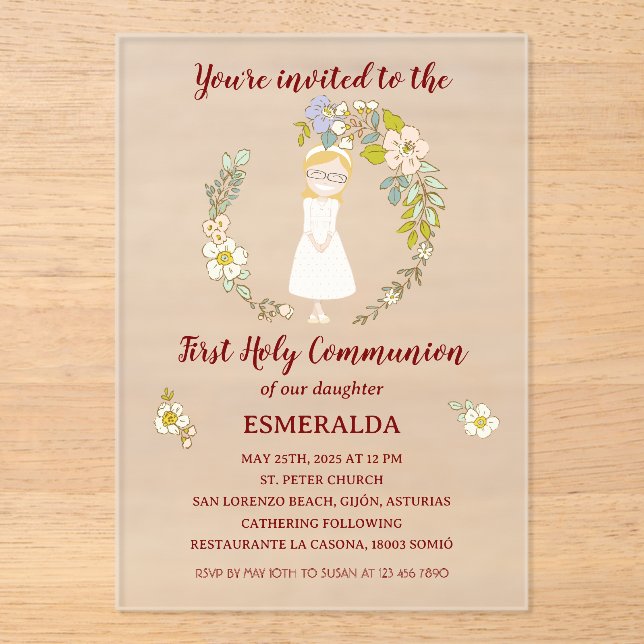 Communion Invitation on acrylic ESMERALDA (Front)