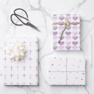 Communion Lavender Cross Hearts and Dots Wrapping Paper Sheets