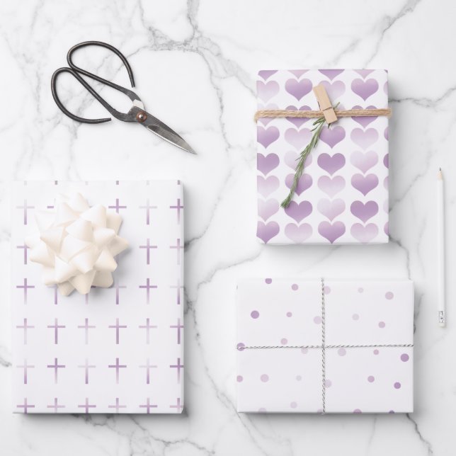Communion Lavender Cross Hearts and Dots Wrapping Paper Sheets (Front)