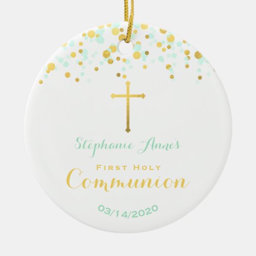 Communion Mint and Gold Confetti Ceramic Ornament