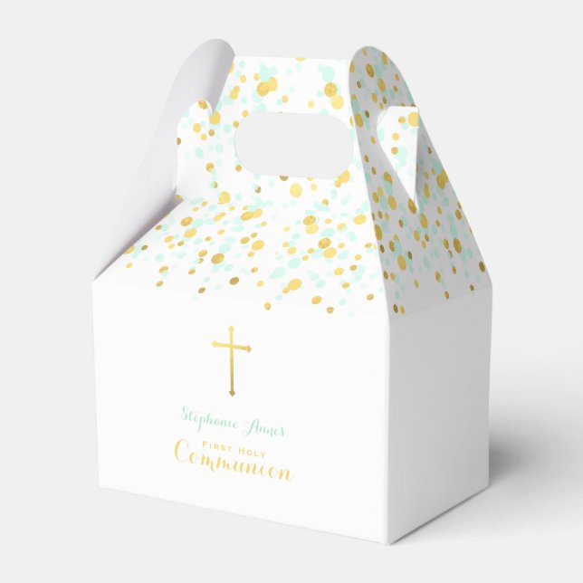 Communion Mint and Gold Confetti Favor Boxes (Front Side)