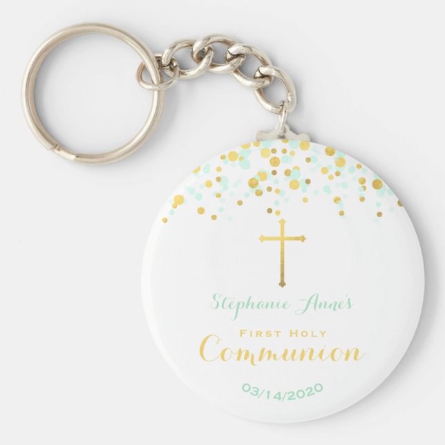 Communion Mint and Gold Confetti Keychain (Front)