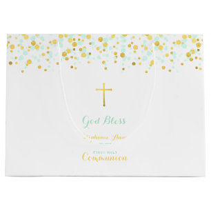 Communion Mint and Gold Confetti Large Gift Bag