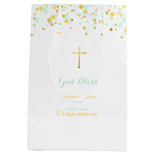 Communion Mint and Gold Confetti Medium Gift Bag (Back)