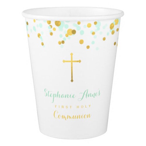 Communion Mint and Gold Confetti Paper Cup