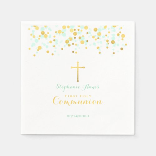 Communion Mint and Gold Confetti Paper Napkins