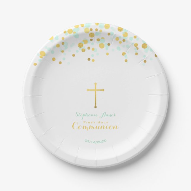 Communion Mint and Gold Confetti Paper Plates (Front)