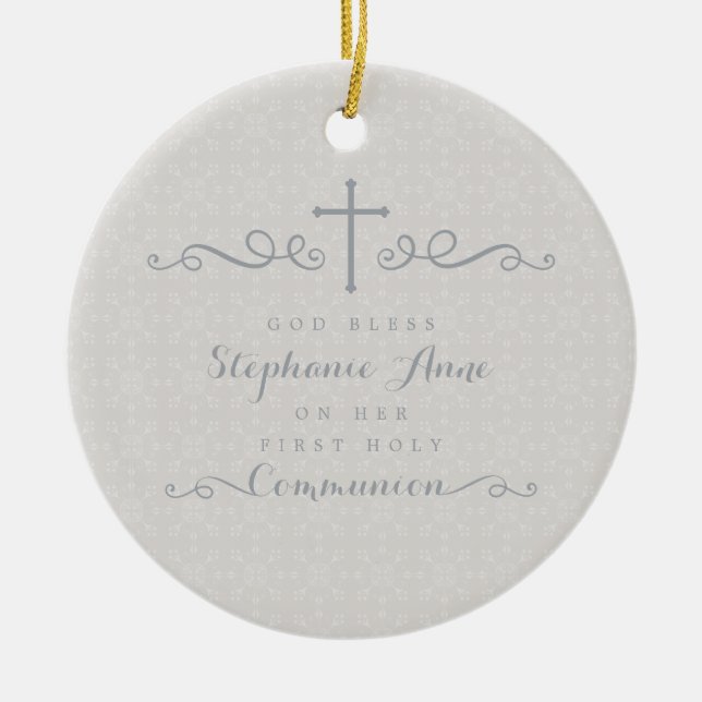 Communion Ornate Cross in Taupe Floral Pattern Ceramic Ornament (Front)