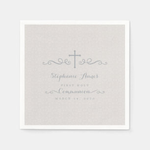 Communion Ornate Cross in Taupe Floral Pattern Paper Napkins