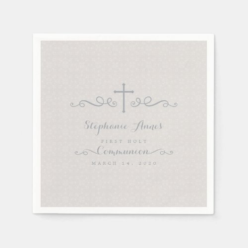 Communion Ornate Cross in Taupe Floral Pattern Paper Napkins