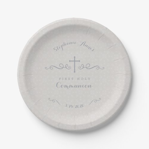Communion Ornate Cross in Taupe Floral Pattern Paper Plates