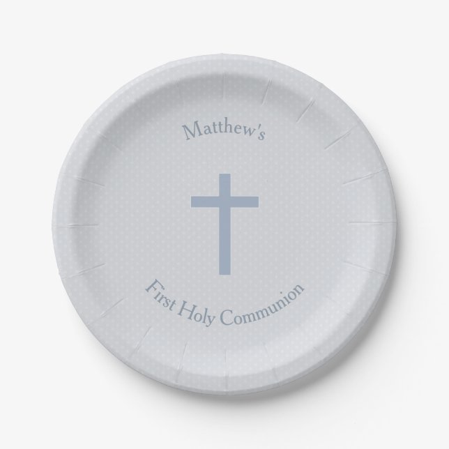 Communion Pastel Blue Cross Paper Plates (Front)