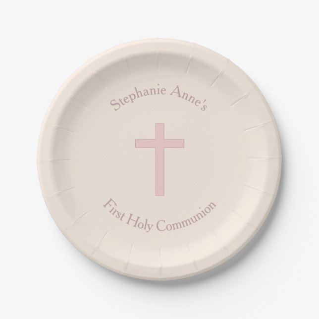 Communion Pastel Pink Cross Paper Plates (Front)