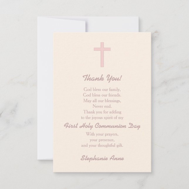 Communion Pastel Pink Cross Thank You Card (Front)