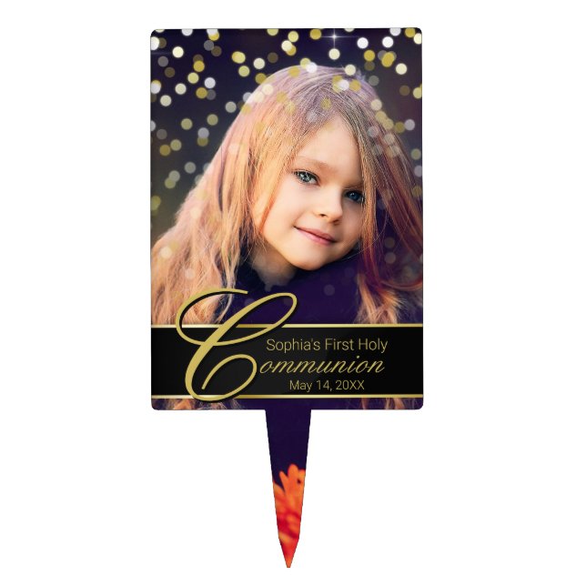 Communion Photo Elegant Gold Typography Glitter Cake Topper (Front)