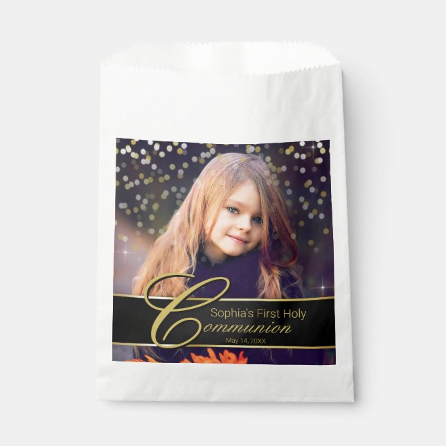 Communion Photo Elegant Gold Typography Glitter Favor Bag (Front)