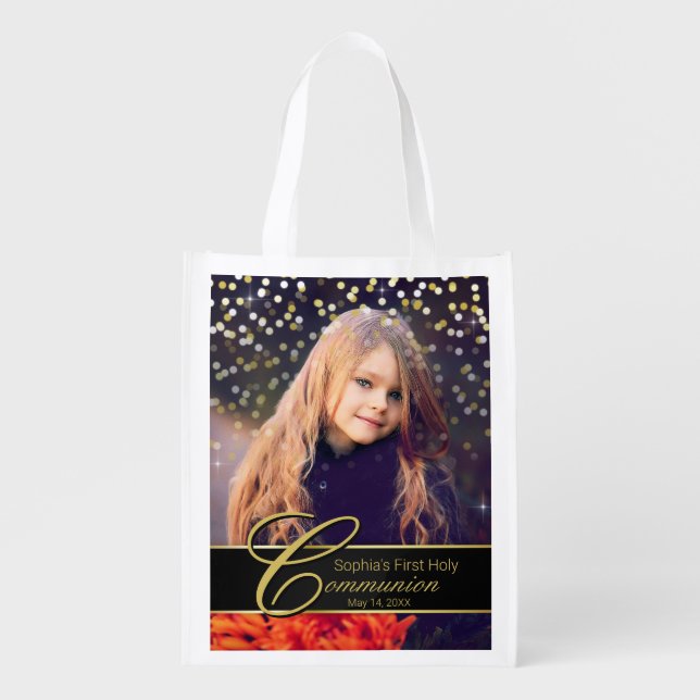 Communion Photo Elegant Gold Typography Glitter Grocery Bag (Front)