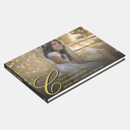 Communion Photo Elegant Gold Typography Glitter Guest Book