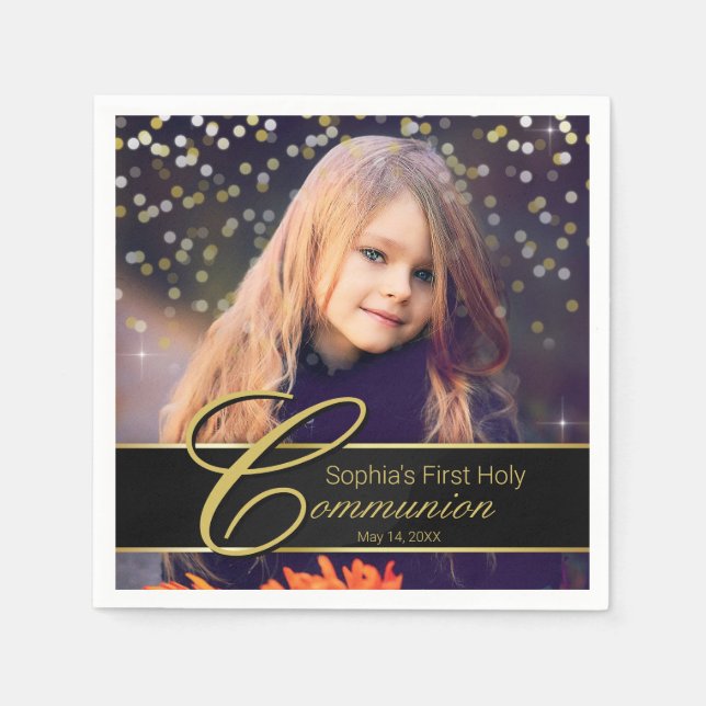 Communion Photo Elegant Gold Typography Glitter Napkins (Front)