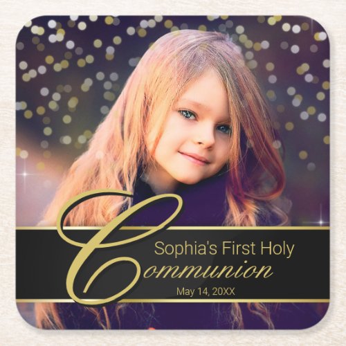 Communion Photo Elegant Gold Typography Glitter Square Paper Coaster