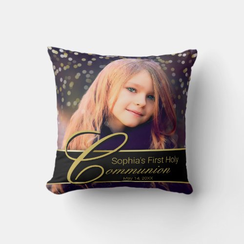 Communion Photo Elegant Gold Typography Glitter Throw Pillow