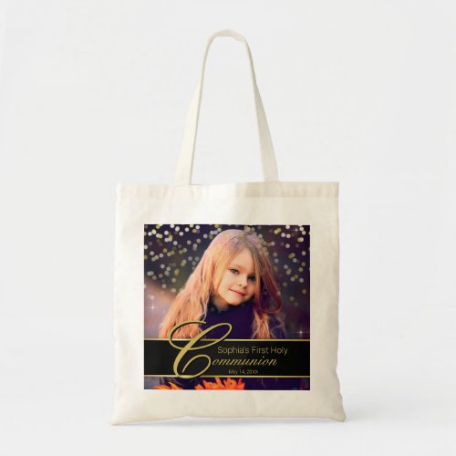 Communion Photo Elegant Gold Typography Glitter Tote Bag