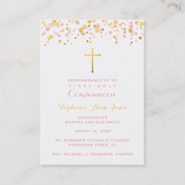 Communion Pink and Gold Confetti Business Card (Front)
