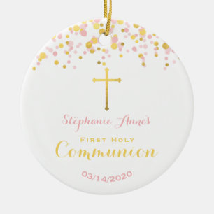 Communion Pink and Gold Confetti Ceramic Ornament