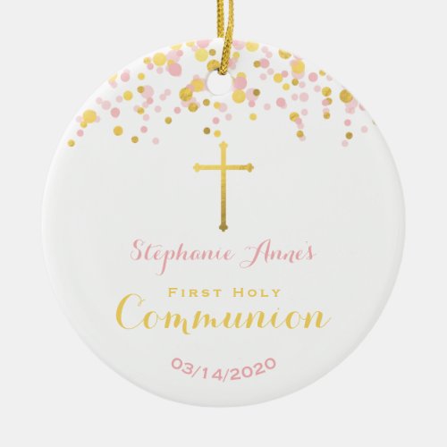 Communion Pink and Gold Confetti Ceramic Ornament
