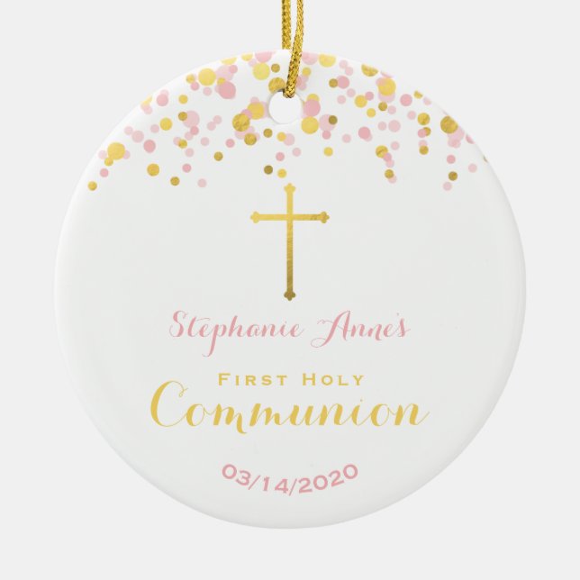 Communion Pink and Gold Confetti Ceramic Ornament (Front)
