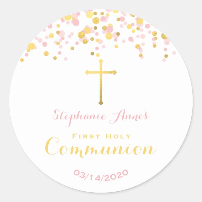 Communion Pink and Gold Confetti Classic Round Sticker (Front)