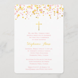 Communion Pink and Gold Confetti Invitation