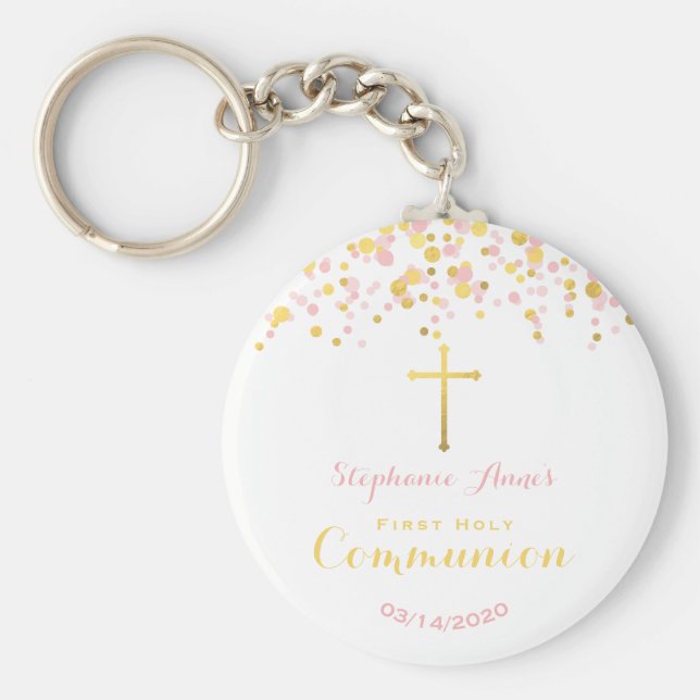 Communion Pink and Gold Confetti Keychain (Front)