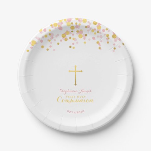 Communion Pink and Gold Confetti Paper Plates