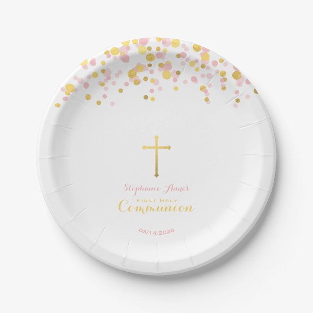 Communion Pink and Gold Confetti Paper Plates (Front)