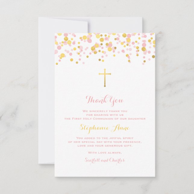 Communion Pink and Gold Confetti Thank You Card (Front)