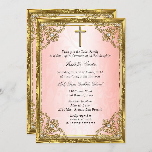 Communion Pink Gold Beige Pearl Damask Cross Invitation