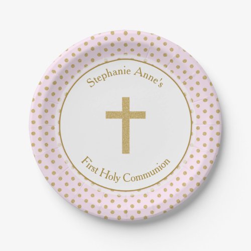 Communion Pink with Gold Polka Dots Paper Plates