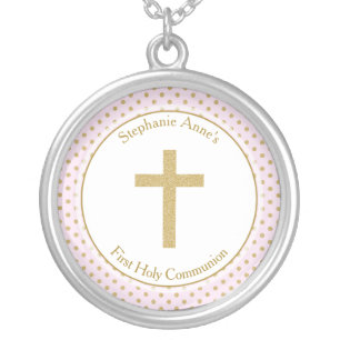 Communion Pink with Gold Polka Dots Silver Plated Necklace