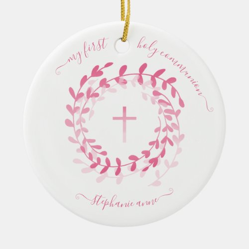 Communion Pink Wreath and Cross Ceramic Ornament