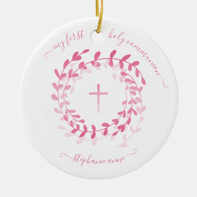 Communion Pink Wreath and Cross Ceramic Ornament (Front)
