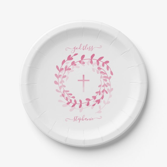 Communion Pink Wreath and Cross Paper Plates (Front)